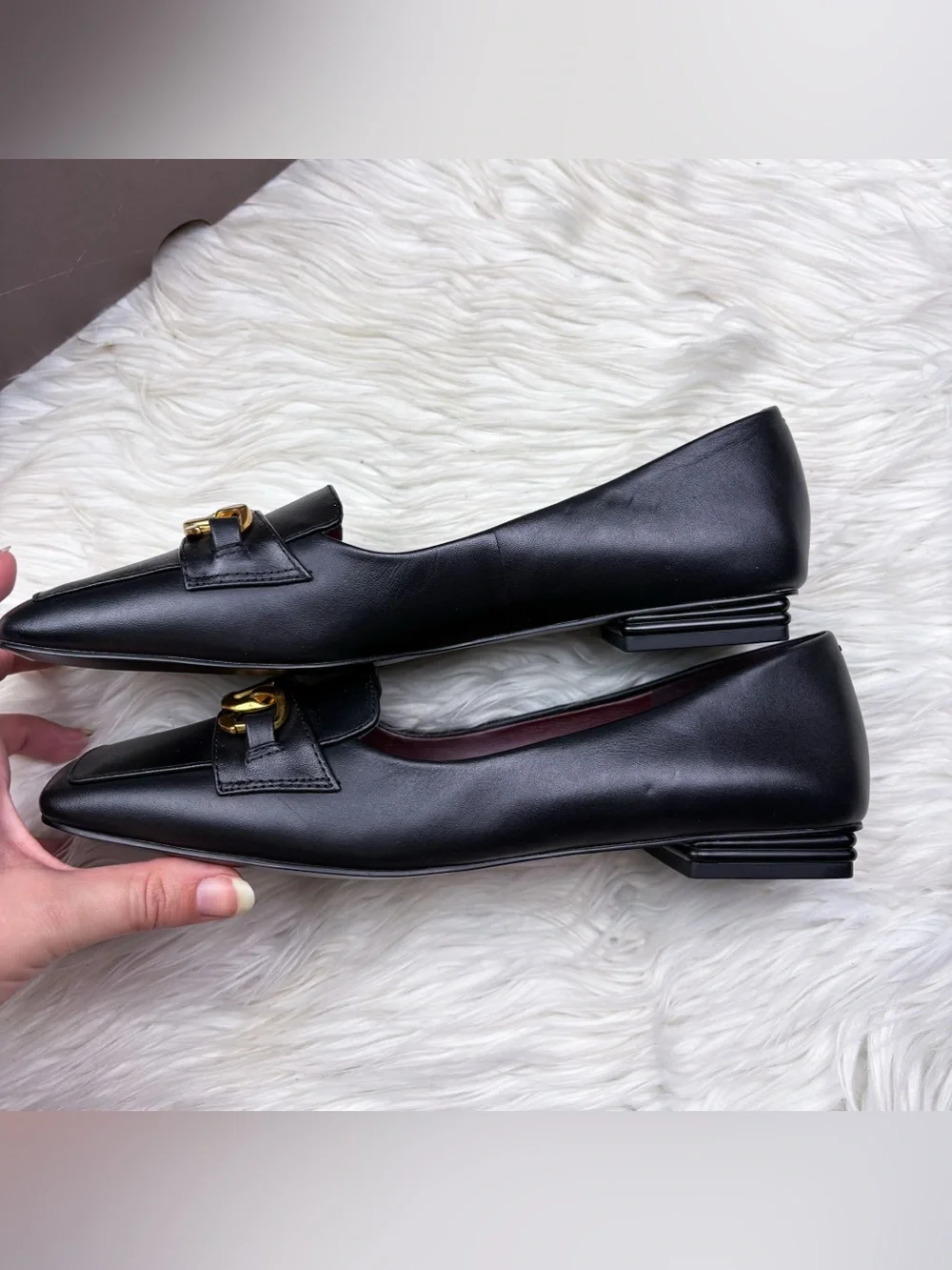 Franco Sarto Tiari Square Toe Loafer Flats Black Smooth Leather Gold Chain NEW 8